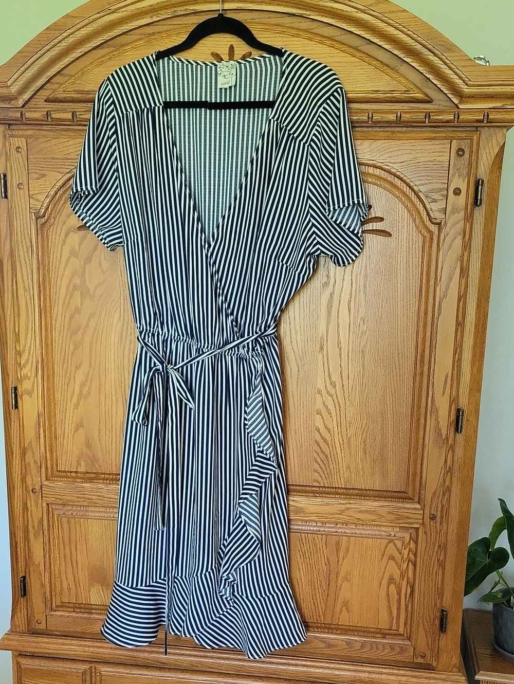 Women's Navy and White Striped  Midi Dress with Tie Waist